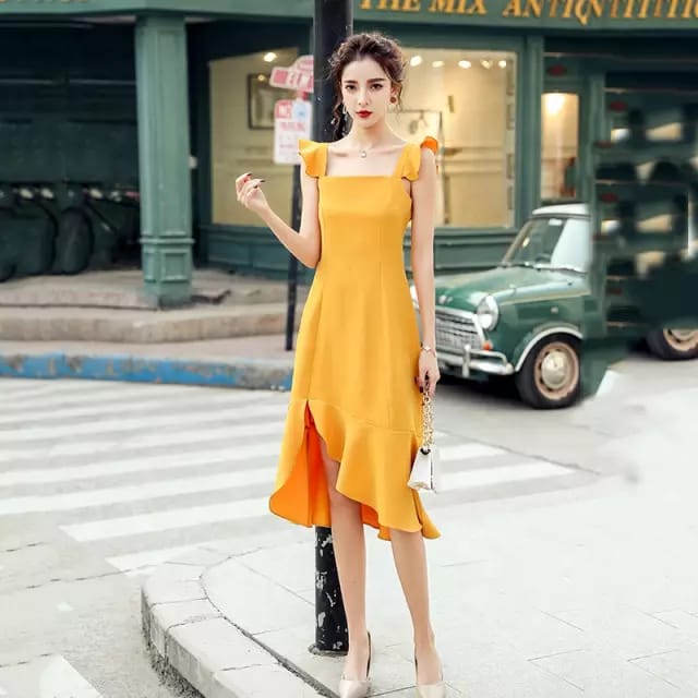 Western Couture Ruffle Hem Midi Dress | Off-Shoulder & Spaghetti Strap | Sizes 32–34