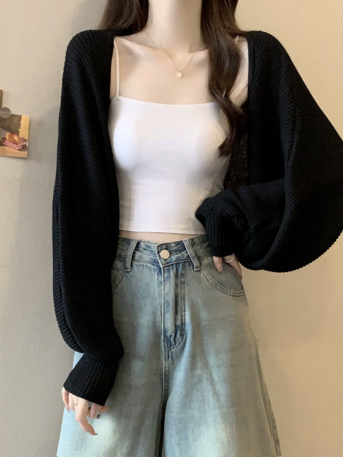 Western Couture Imported Knitted Hollow-Out Sleeve Shrug | Trendy Korean-Style Layering Top
