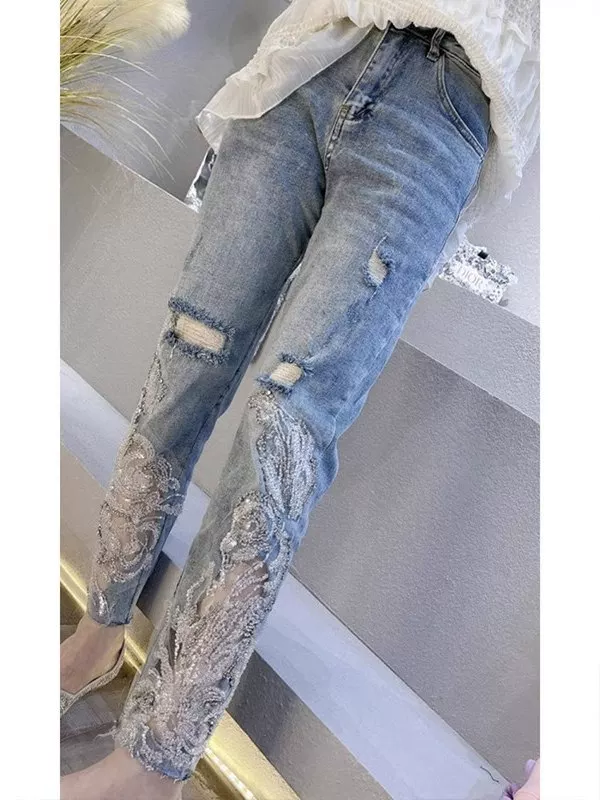Western Couture Women's Sequin Lace Patchwork Jeans - Heavy Embroidery Denim Trousers
