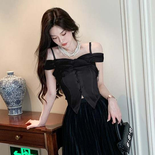 Elegant Draped Off-Shoulder Satin Crop Top with Buttons by Western Couture
