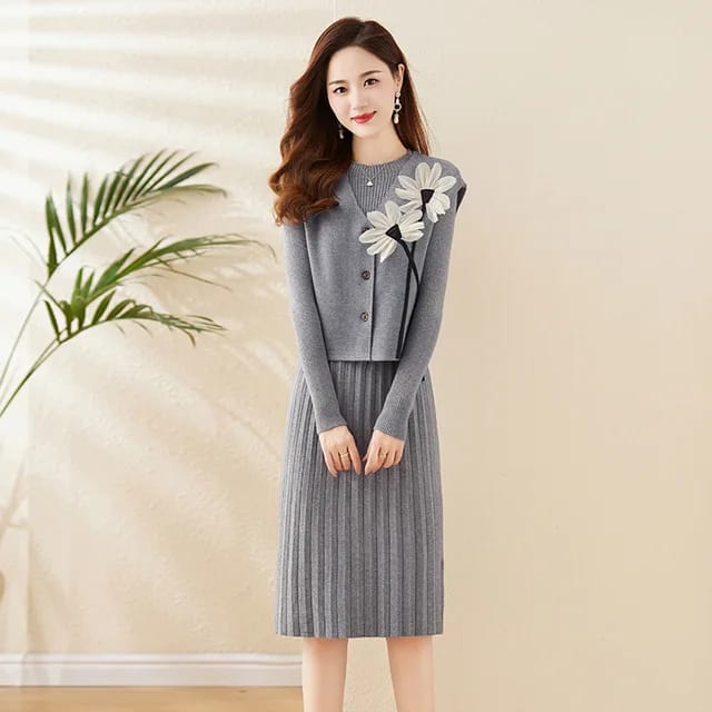Western Couture Women's Grey Knit 2-Piece Dress Set - Premium Winter Woolen Co-ord