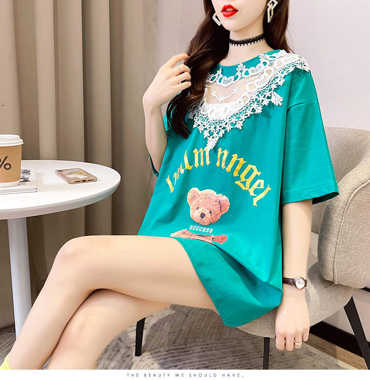 Western Couture Women's Lace Collar Teddy Bear Oversized T-Shirt - K-Fashion Loose Tee