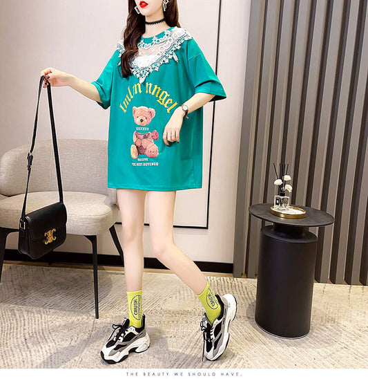 Western Couture Women's Lace Collar Teddy Bear Oversized T-Shirt - K-Fashion Loose Tee