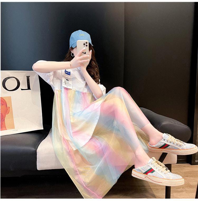Western Couture Women's Rainbow Tulle Layered Maxi Dress - 2-in-1 Mesh T-Shirt Dress