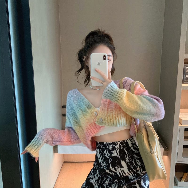 Western Couture Women's Pastel Rainbow Semi-Woolen Crop Cardigan - Cable-Knit V-Neck Winter Sweater Top (Multi-Color)