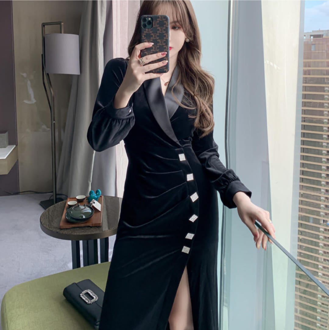 Western Couture Velvet Party Dress, Long Sleeves, Black, V-Neck, Ruched Wrap Design, 117 cm Length