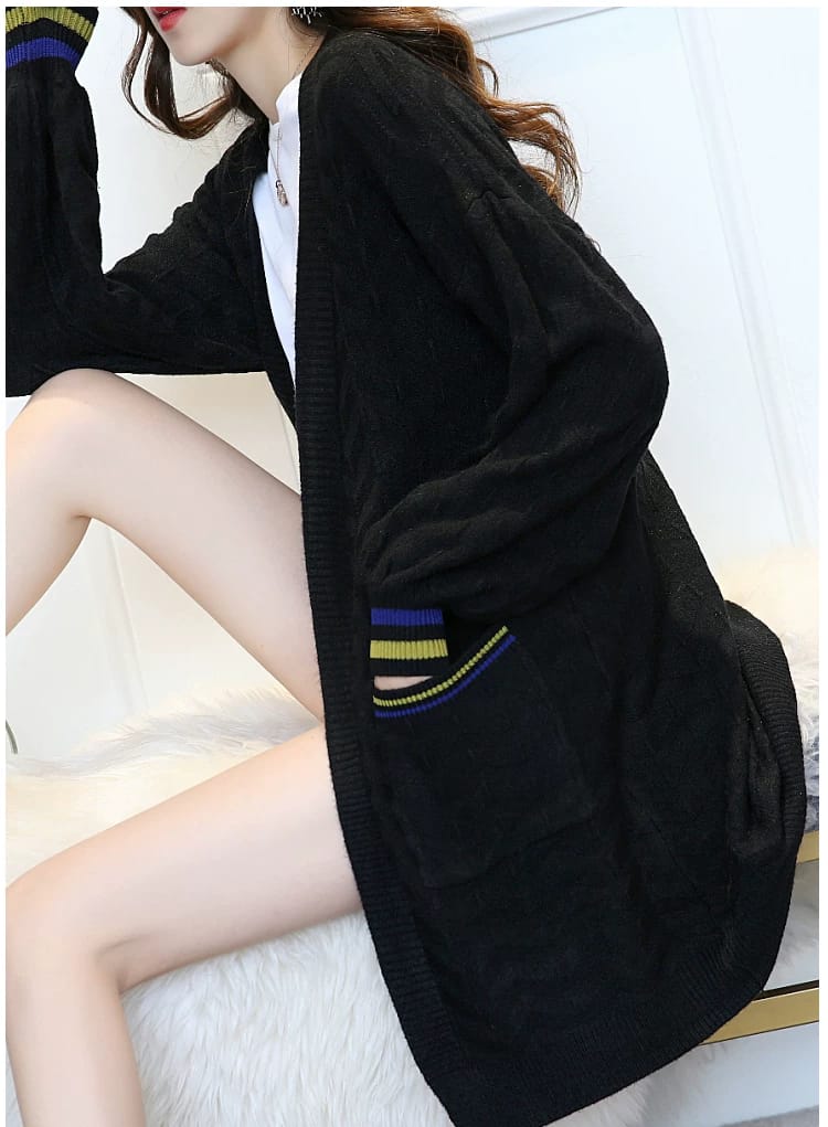 Western Couture Varsity Edge Oversized Cable-Knit Open-Front Cardigan Shrug