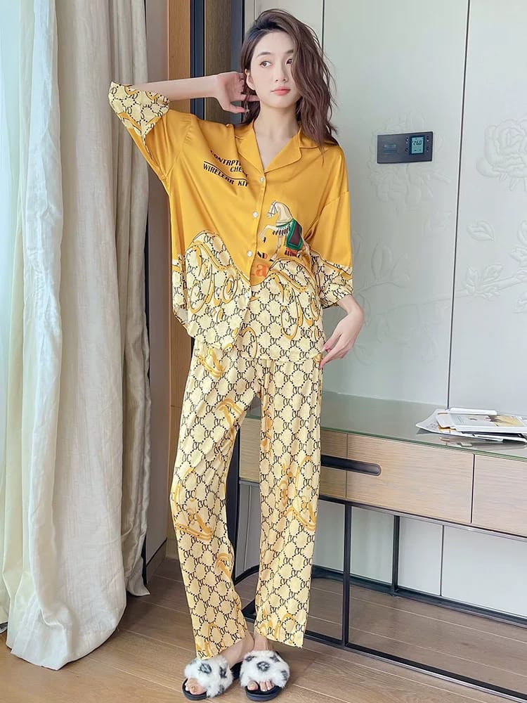 Women's Premium Night Suit Set, Orange, Free Size, Printed, Soft Hosiery Cotton, 2-Piece Loungewear, Button-Down Top with Full-Length Pants