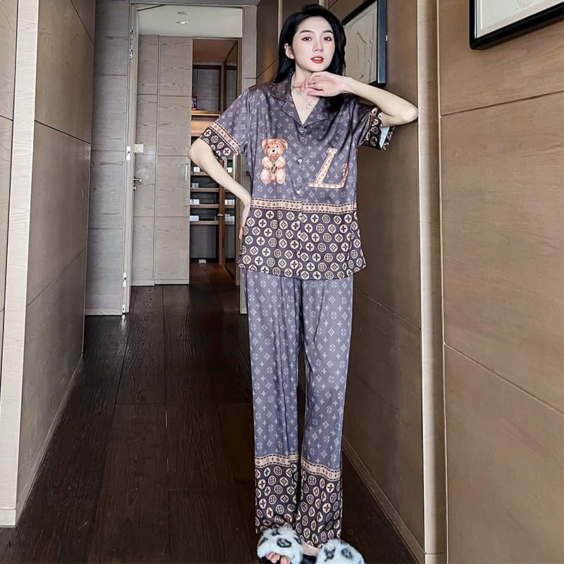 Women's Night Suit Set, Gray, Free Size, Printed, Soft Hosiery Cotton, Luxury Loungewear, 2-Piece Set, Indoor Wear