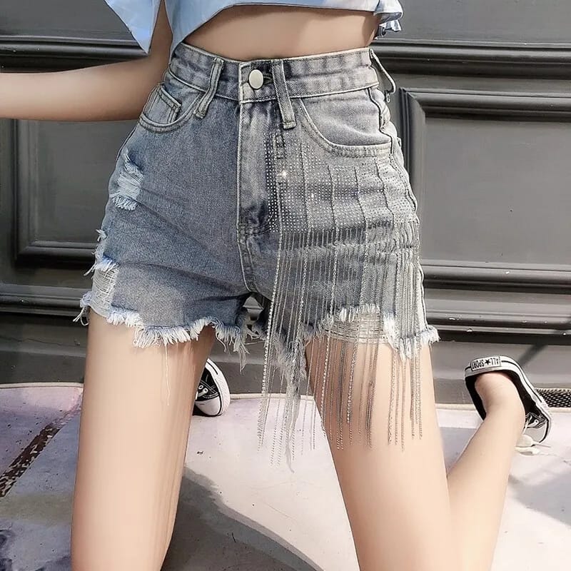 Western Couture Women's High-Waist Denim Shorts - Rhinestone Fringe Ripped Shorts