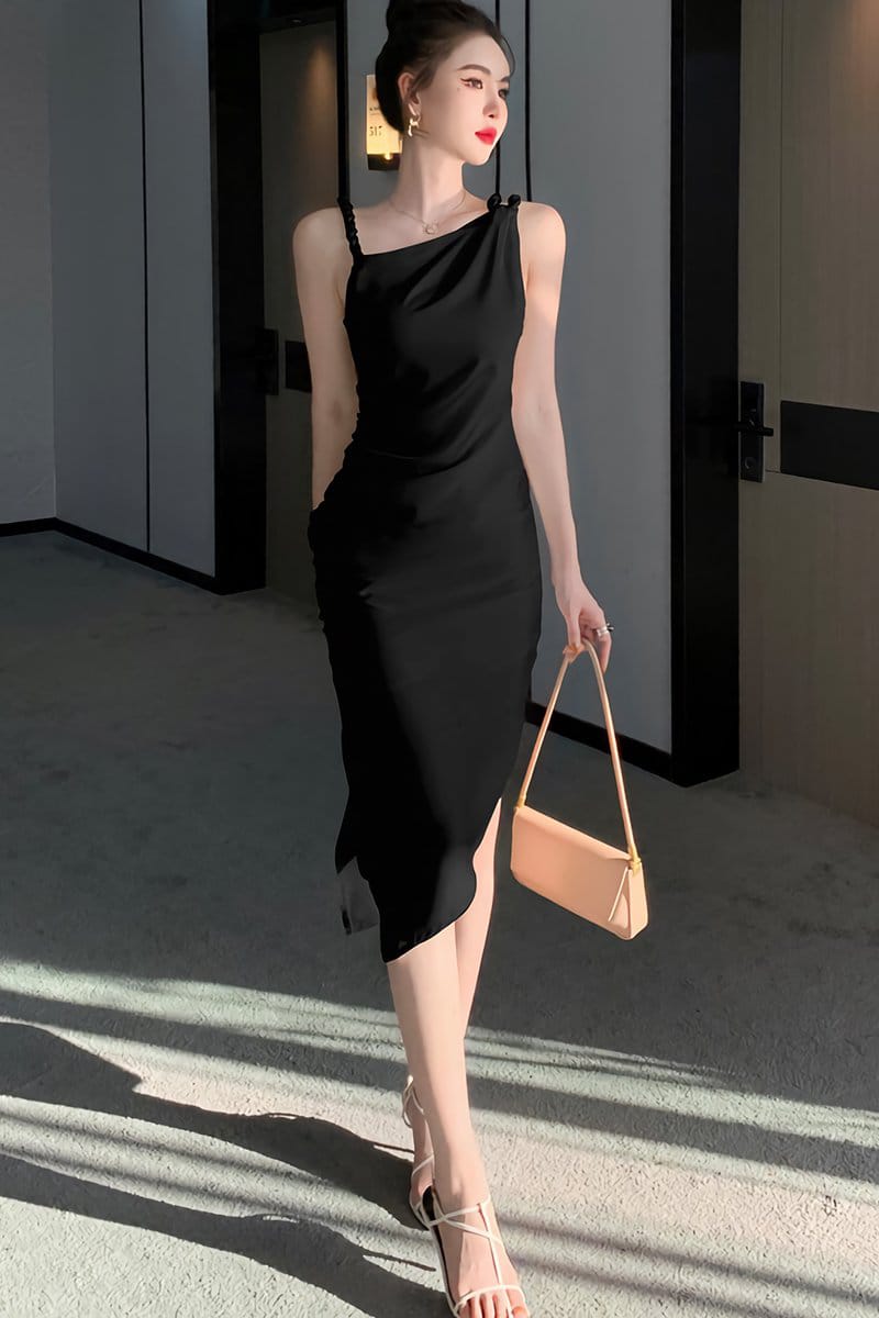 Western Couture Imported Asymmetrical Black Cocktail Dress, Braided Strap Design