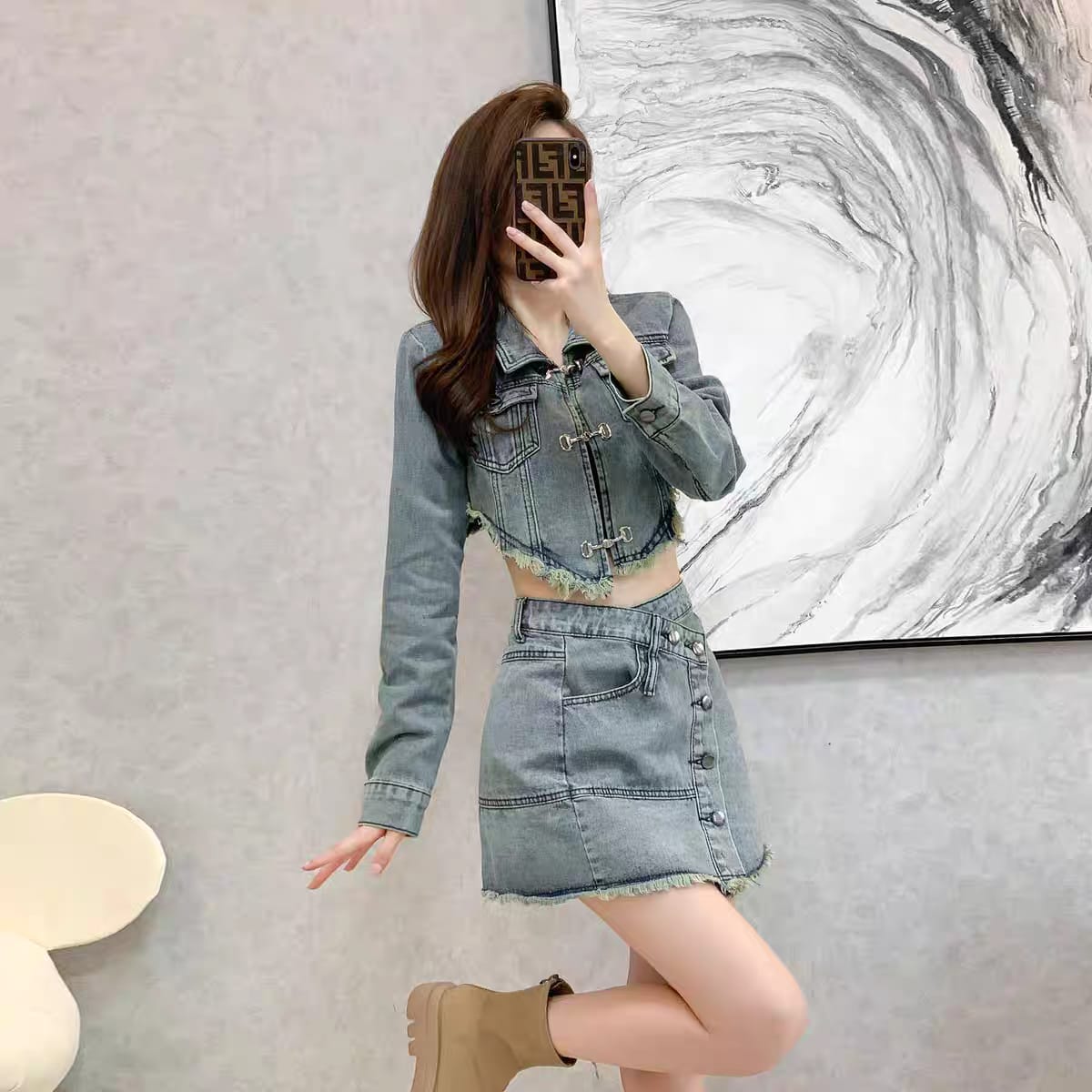 Western Couture K-Fashion Asymmetric Fringed Denim Mini Skirt