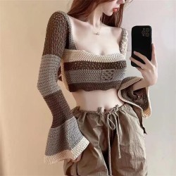 Imported  New Fashion Knitted (Crochet) Long Sleeves(Bell) Crop Top