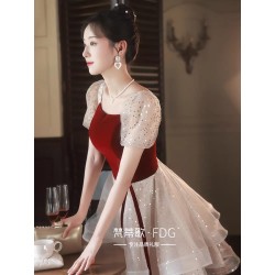 Puff-Sleeve Square-Neck Sequined A-Line Layered Cocktail Dress