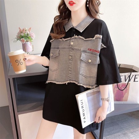Western Couture Imported Summer Trendy Oversized T-Shirt with Denim Detailing