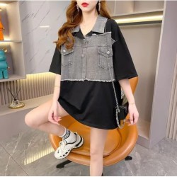 Western Couture Imported Summer Trendy Oversized T-Shirt with Denim Detailing