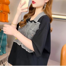Western Couture Imported Summer Trendy Oversized T-Shirt with Denim Detailing