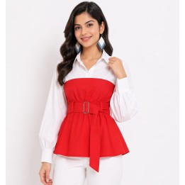 Western Couture Women Colorblock Peplum Top with Belt (White & Red/Black/Blue)