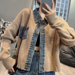 Imported Stylish Denim Detailed Knitted Crop Jacket