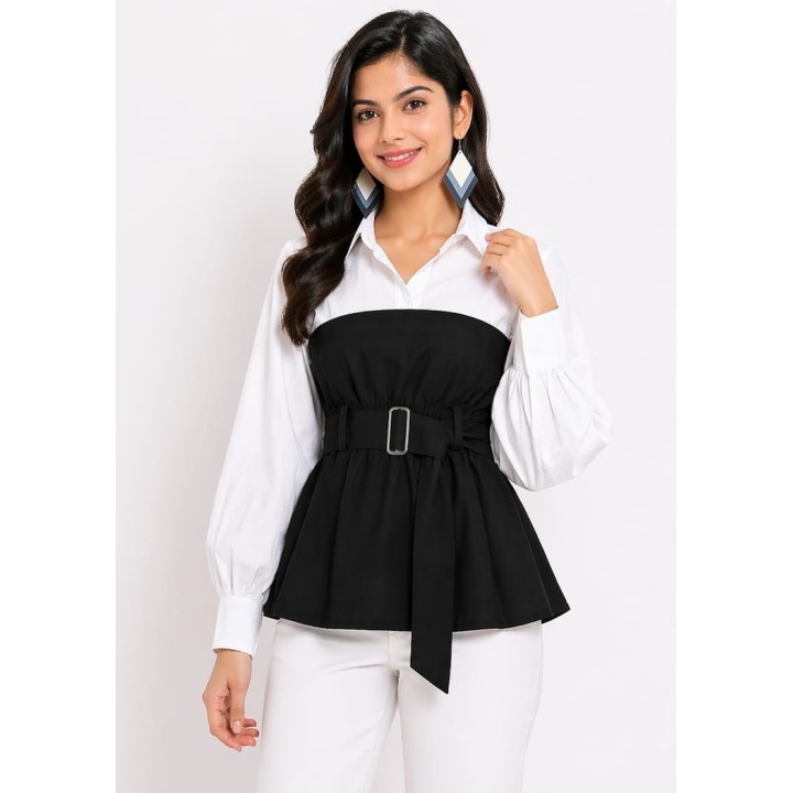 Western Couture Women Colorblock Peplum Top with Belt (White & Red/Black/Blue)