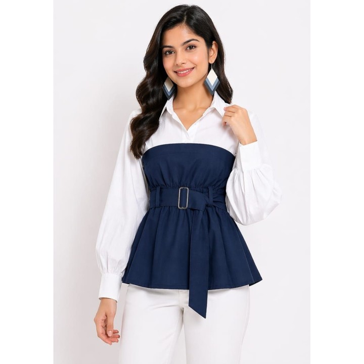 Western Couture Women Colorblock Peplum Top with Belt (White & Red/Black/Blue)