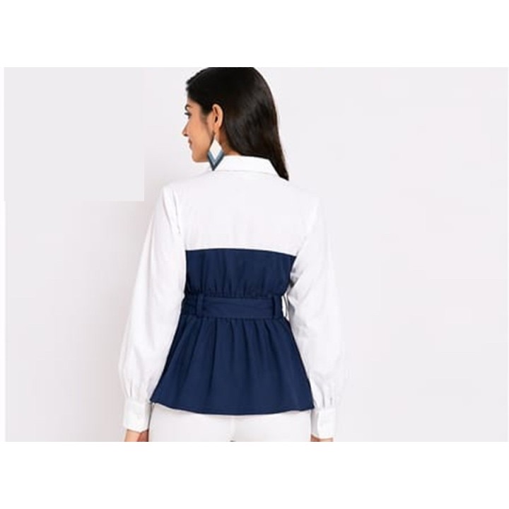 Western Couture Women Colorblock Peplum Top with Belt (White & Red/Black/Blue)