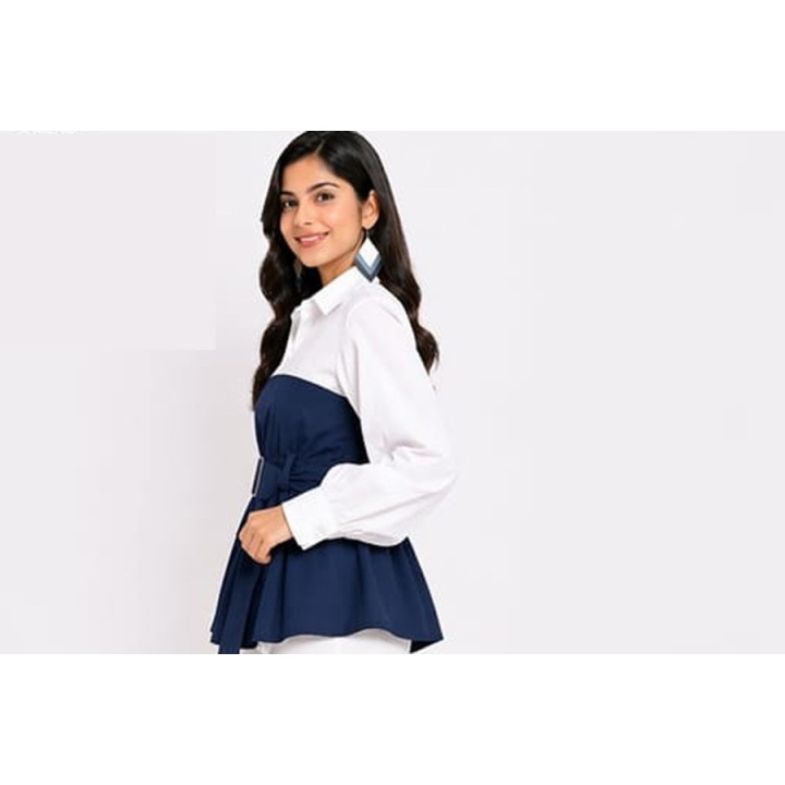 Western Couture Women Colorblock Peplum Top with Belt (White & Red/Black/Blue)