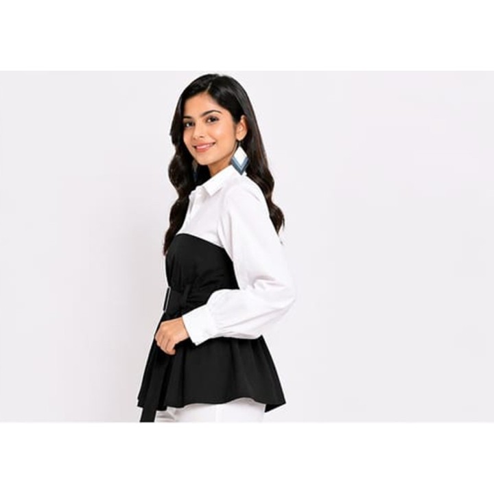 Western Couture Women Colorblock Peplum Top with Belt (White & Red/Black/Blue)