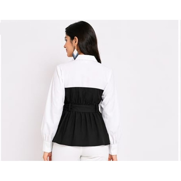 Western Couture Women Colorblock Peplum Top with Belt (White & Red/Black/Blue)