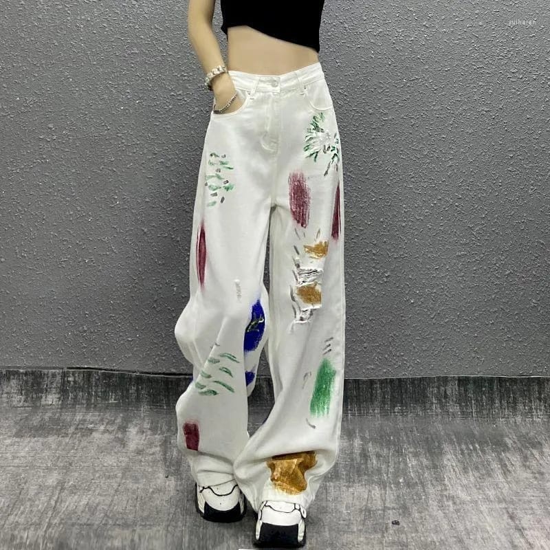 Imported Ripped Hole Graffiti Print Cotton Denim Wide Leg Pant Imported Ripped Hole Graffiti Print Cotton Denim Wide Leg Pant