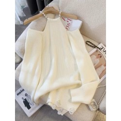 New Arrival Halter Neck Long Sleeve Stylish White Long Winter Sweater Dress