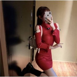 Imported Knitted  Spring Full Sleeves Cold Shoulder Bodycon Dress With Detachable Bow