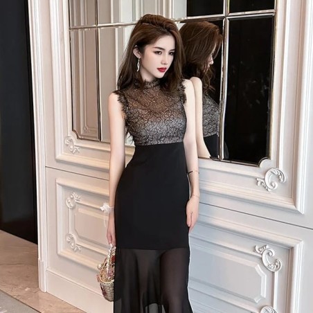 Western Couture Imported Solid Black Color Crew Neck Fishtail Party Wear Dress