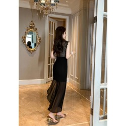 Western Couture Imported Solid Black Color Crew Neck Fishtail Party Wear Dress