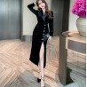 Western Couture Imported Party Wear Solid Black Velvet Wrap Dress with Slit