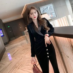 Western Couture Imported Party Wear Solid Black Velvet Wrap Dress with Slit