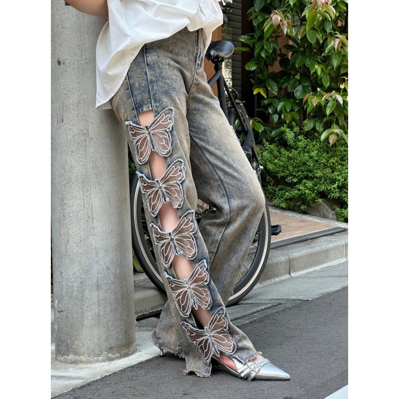Imported Y2K Butterfly Cutout Embroidered Denim Jeans