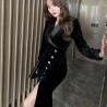 Western Couture Imported Party Wear Solid Black Velvet Wrap Dress with Slit