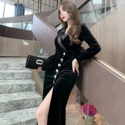 Western Couture Imported Party Wear Solid Black Velvet Wrap Dress with Slit