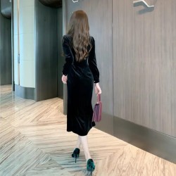 Western Couture Imported Party Wear Solid Black Velvet Wrap Dress with Slit