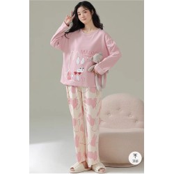 Western Couture Imported Comfortable Milk Silk Fabric 2-Piece Long Sleeves Night Suit with Chest Pads