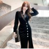 Western Couture Imported Party Wear Solid Black Velvet Wrap Dress with Slit