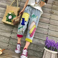 Western Couture Imported Stylish Color Blocked Patchwork Denim Short-Length Jeans