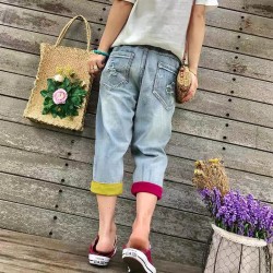 Western Couture Imported Stylish Color Blocked Patchwork Denim Short-Length Jeans