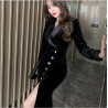 Western Couture Imported Party Wear Solid Black Velvet Wrap Dress with Slit