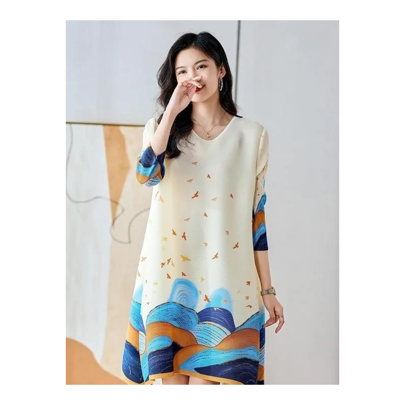 Western Couture Imported Pleated A-Line Dress | Summer Printed Free Size Casual Wear