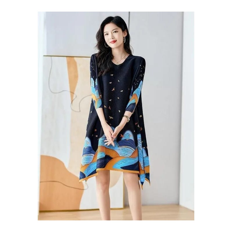 Western Couture Imported Pleated A-Line Dress | Summer Printed Free Size Casual Wear