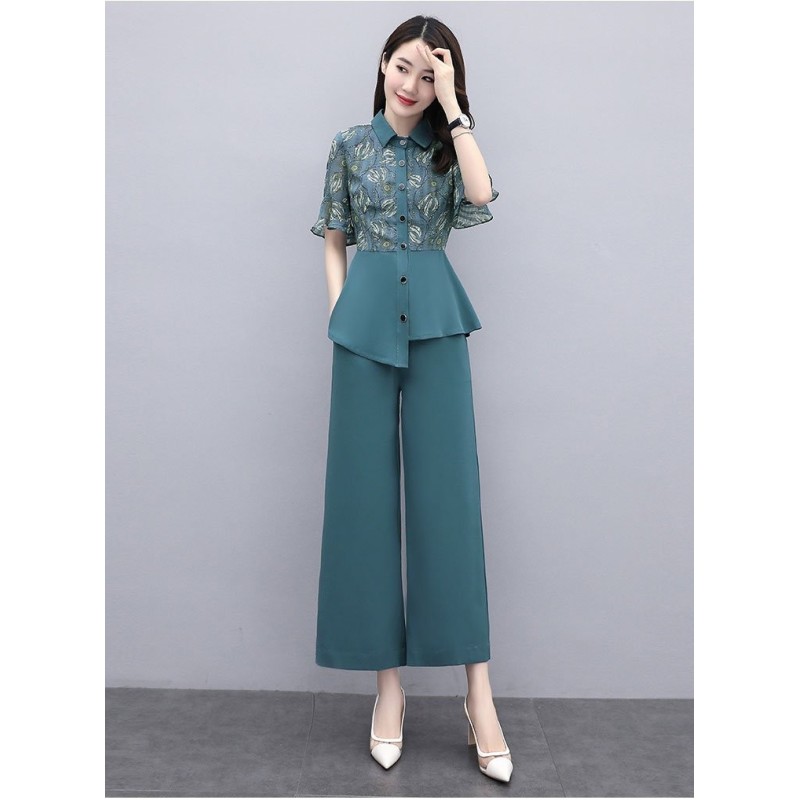 Imported Women Summer Fashion Wide-Leg Pants + Short Sleeve Tops Two-Piece Set for Lady