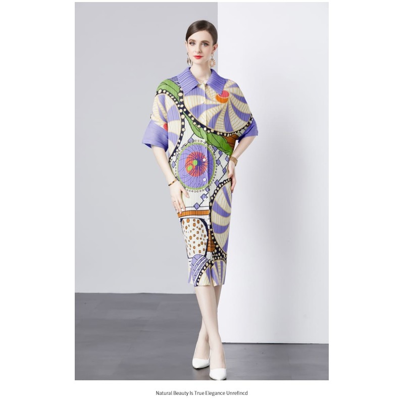 Western Couture Imported Digital Print Pleated Long Dress | Front Open Summer Wear