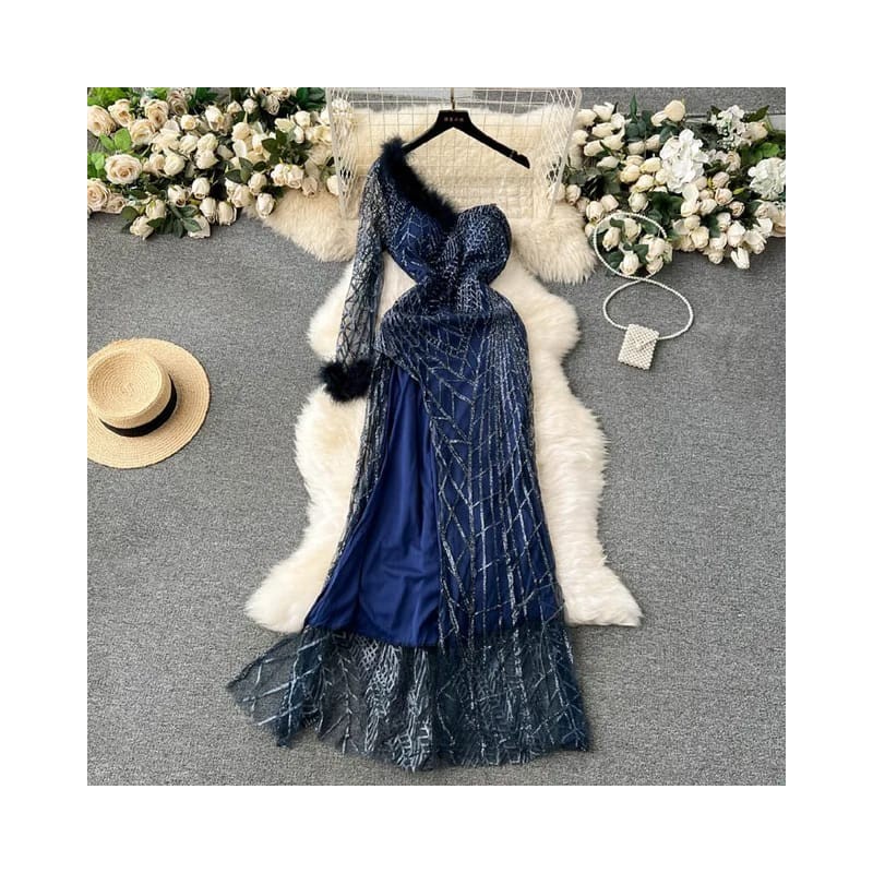Western Couture Imported One-Shoulder Sequin Dress with Fur Detail | Elegant Party Wear Gown